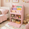 Pink kids bookcase with charming waved edges and a flip-down cabinet, perfect for encouraging independent reading.