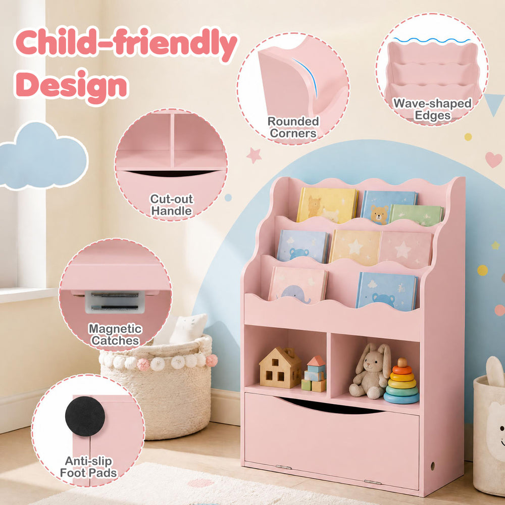 Pink kids bookcase showcases rounded corners, cut-out handle, and magnetic catches for safe, easy access to books.