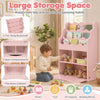Kids bookcase in pink featuring a 3-tier sling bookshelf, open cubes, and flip-down cabinet for organized storage.