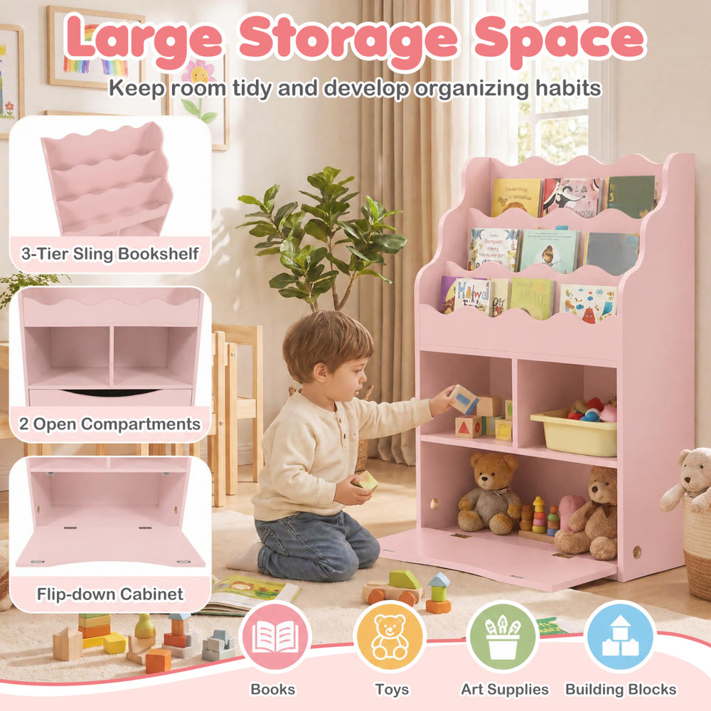 Kids bookcase in pink featuring a 3-tier sling bookshelf, open cubes, and flip-down cabinet for organized storage.