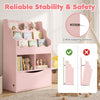 Kids bookcase in pink includes anti-toppling devices for enhanced stability and safety, ideal for active children's rooms.