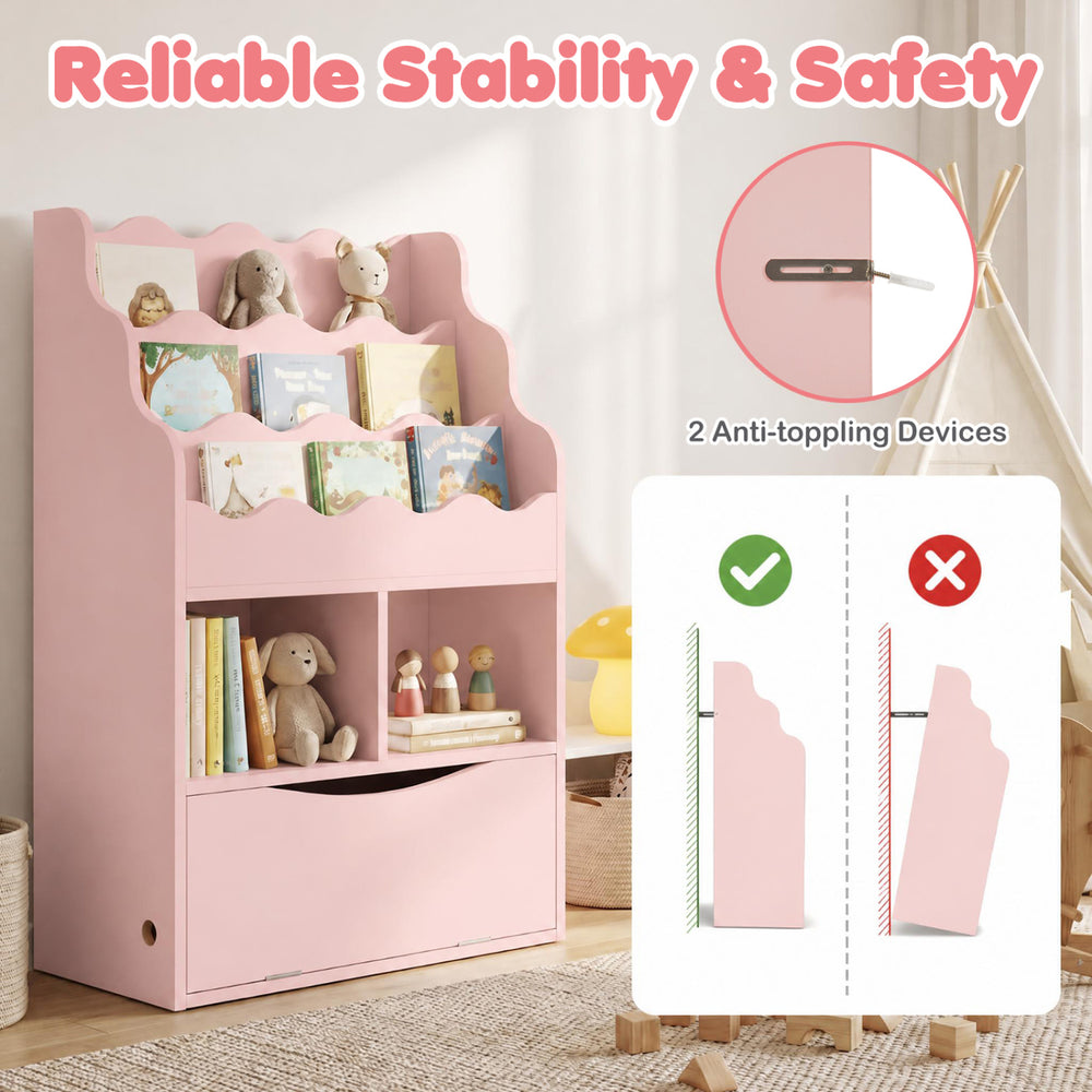 Kids bookcase in pink includes anti-toppling devices for enhanced stability and safety, ideal for active children's rooms.