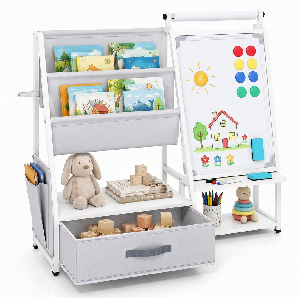 Kids bookshelf art easel in gray features a magnetic whiteboard, fabric storage, and a toy organizer for creative play.