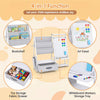 Kids bookshelf art easel in gray features a toy organizer, whiteboard, and storage for books and art supplies.