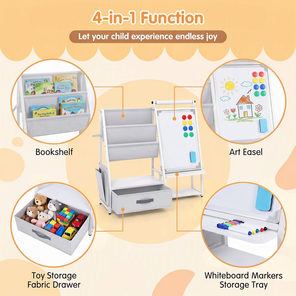 Kids bookshelf art easel in gray features a toy organizer, whiteboard, and storage for books and art supplies.