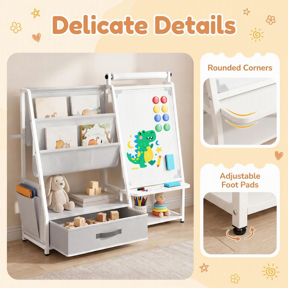 Kids bookshelf art easel in gray features rounded corners, adjustable foot pads, and multiple storage options for toys and books.