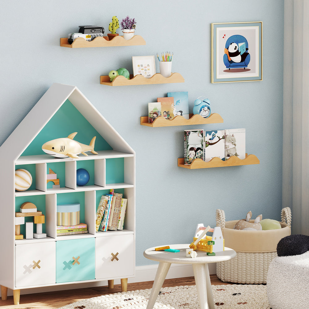 Natural fir wood floating bookshelf with wave edge, perfect for displaying photos and toys in kids' playrooms and.