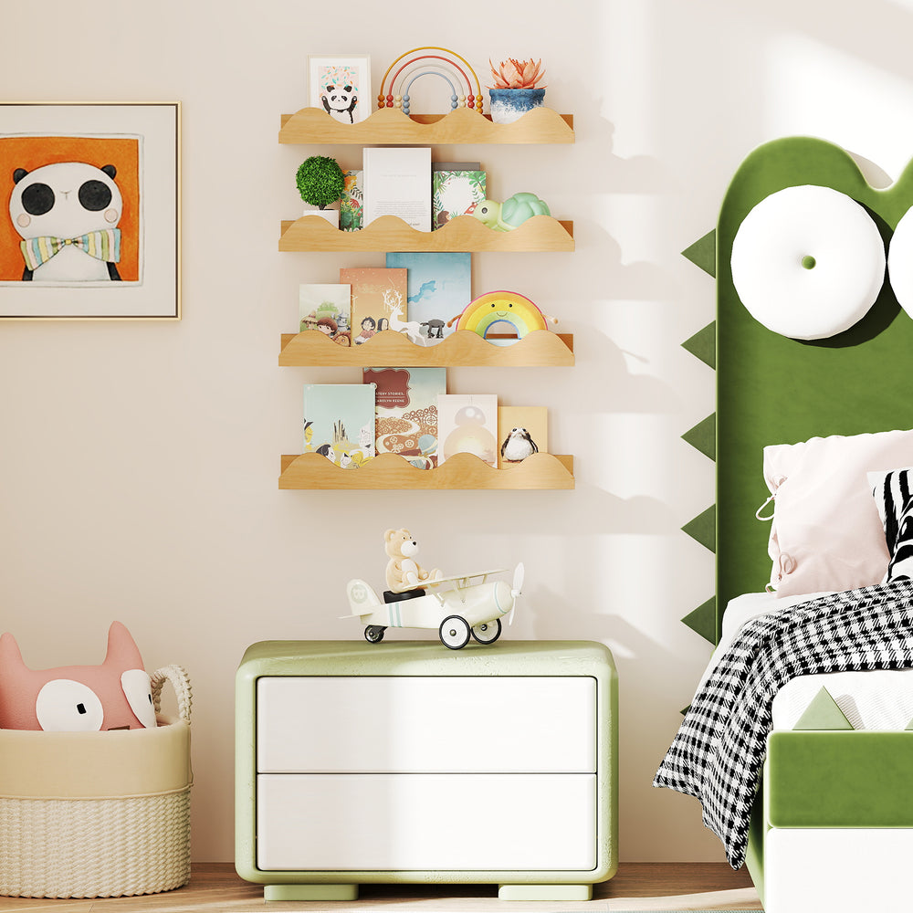 Natural fir wood floating nursery bookshelves displaying toys and books, perfect for kids' rooms and playrooms.
