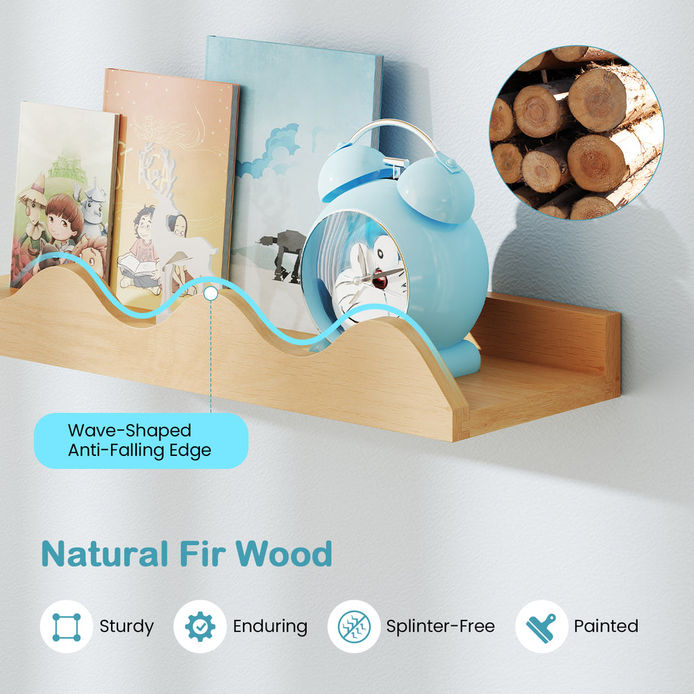 16-inch floating nursery bookshelf set of 4 in natural fir wood with wave-shaped edge for kids' room decoration.