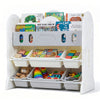 Kids bookshelf and toy storage organizer with 2 front-facing racks and 6 removable bins for playroom or nursery use.