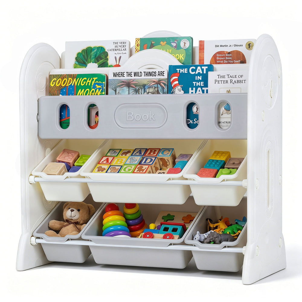 Kids bookshelf and toy storage organizer with 2 front-facing racks and 6 removable bins for playroom or nursery use.