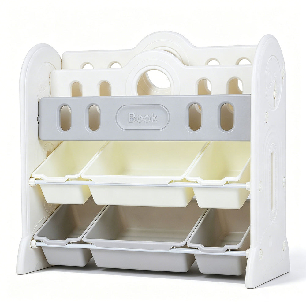 Kids bookshelf and toy storage organizer with 2 front-facing racks and 6 removable bins, perfect for playrooms or nurseries.