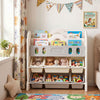 Montessori-style kids bookshelf with smooth corners and a wide base for added stability, perfect for safe playroom storage.