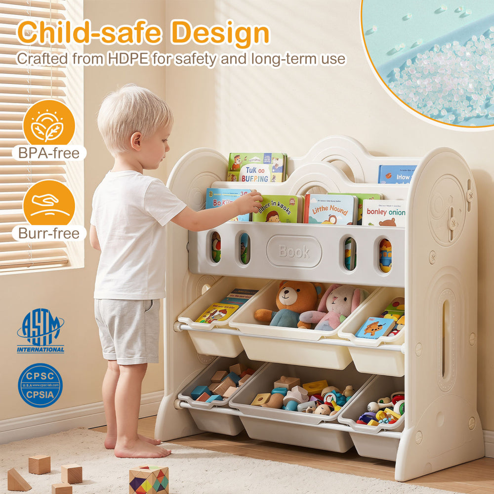 Kids bookshelf and toy storage organizer with 2 front-facing racks and 6 removable bins, crafted from BPA-free HDPE for safety.