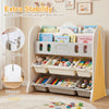 Kids bookshelf and toy storage organizer with 2 front-facing racks and 6 removable bins, ideal for playrooms and nurseries.