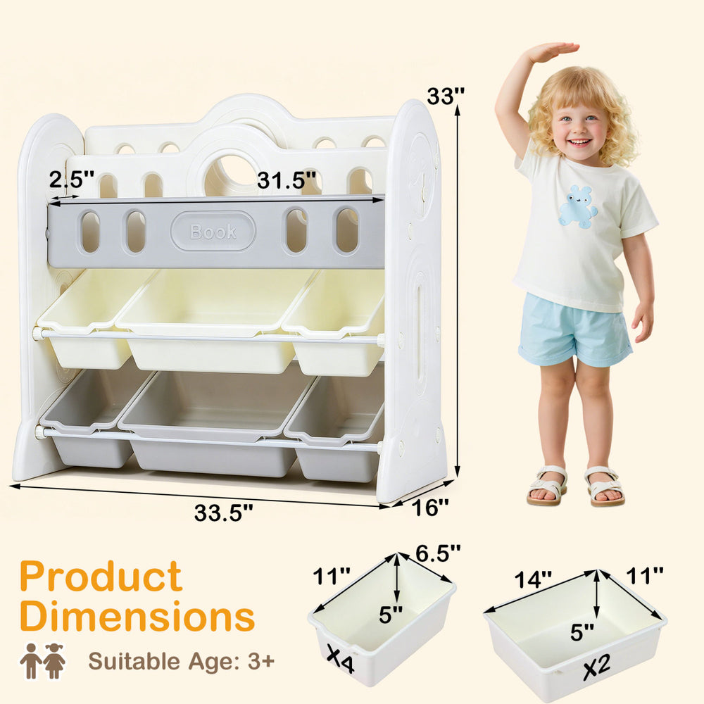 Kids bookshelf and toy storage organizer with 2 front-facing racks and 6 removable bins, perfect for playrooms and nurseries.