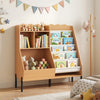 Kids bookshelf and toy storage organizer with 5 fabric pockets, designed for easy access to books and toys in natural wood finish.