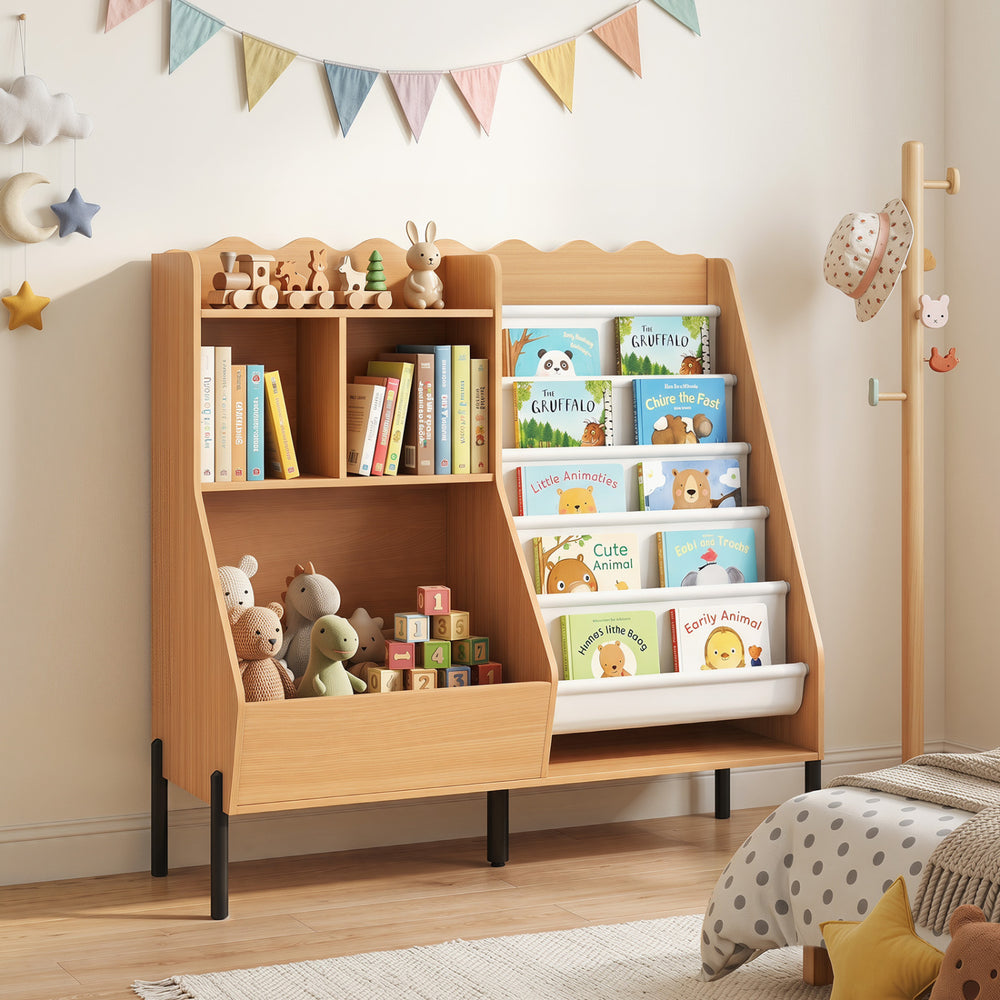 Kids bookshelf and toy storage organizer with 5 fabric pockets, designed for easy access to books and toys in natural wood finish.
