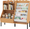 Kids bookshelf and toy storage organizer with 5 fabric pockets and 9 shelves for easy access to books and toys.
