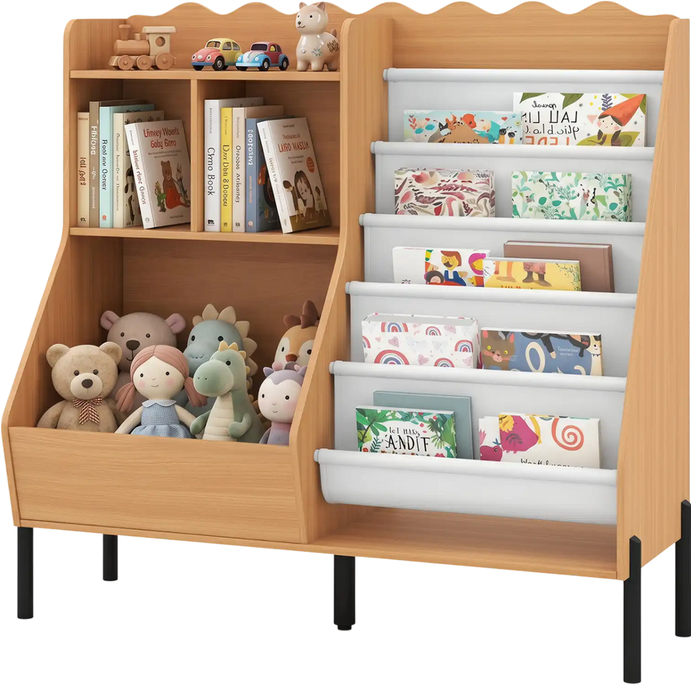 Kids bookshelf and toy storage organizer with 5 fabric pockets and 9 shelves for easy access to books and toys.