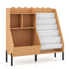 Kids bookshelf and toy storage organizer in natural wood with 5 fabric pockets for easy access to books and toys.