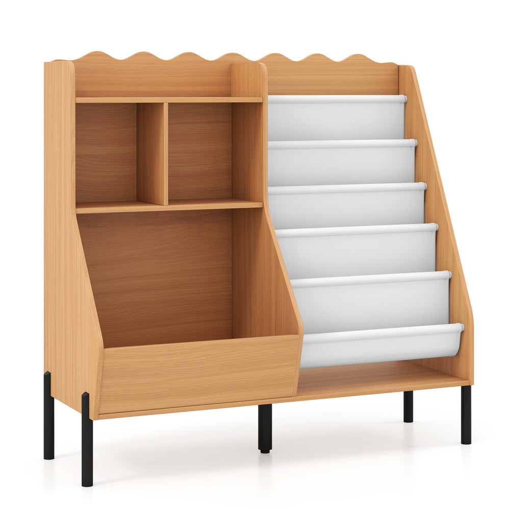 Kids bookshelf and toy storage organizer in natural wood with 5 fabric pockets for easy access to books and toys.