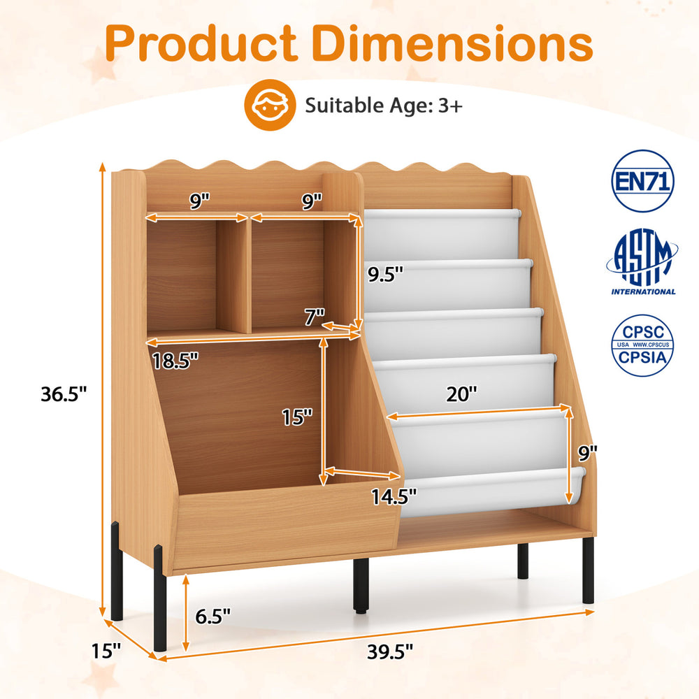 Kids bookshelf and toy storage organizer with 5 fabric pockets, designed for easy access and stability, perfect for children.