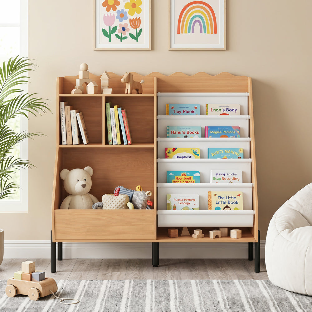 Natural wooden kids bookshelf with 5 fabric pockets and 9 shelves for organizing books and toys at a child-friendly height.