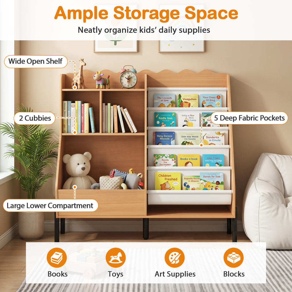 Kids bookshelf and toy storage organizer with 5 fabric pockets, cubbies, and ample space for books and toys.