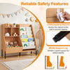 Kids bookshelf and toy storage organizer features 9 shelves, 5 fabric pockets, and anti-toppling devices for safety.