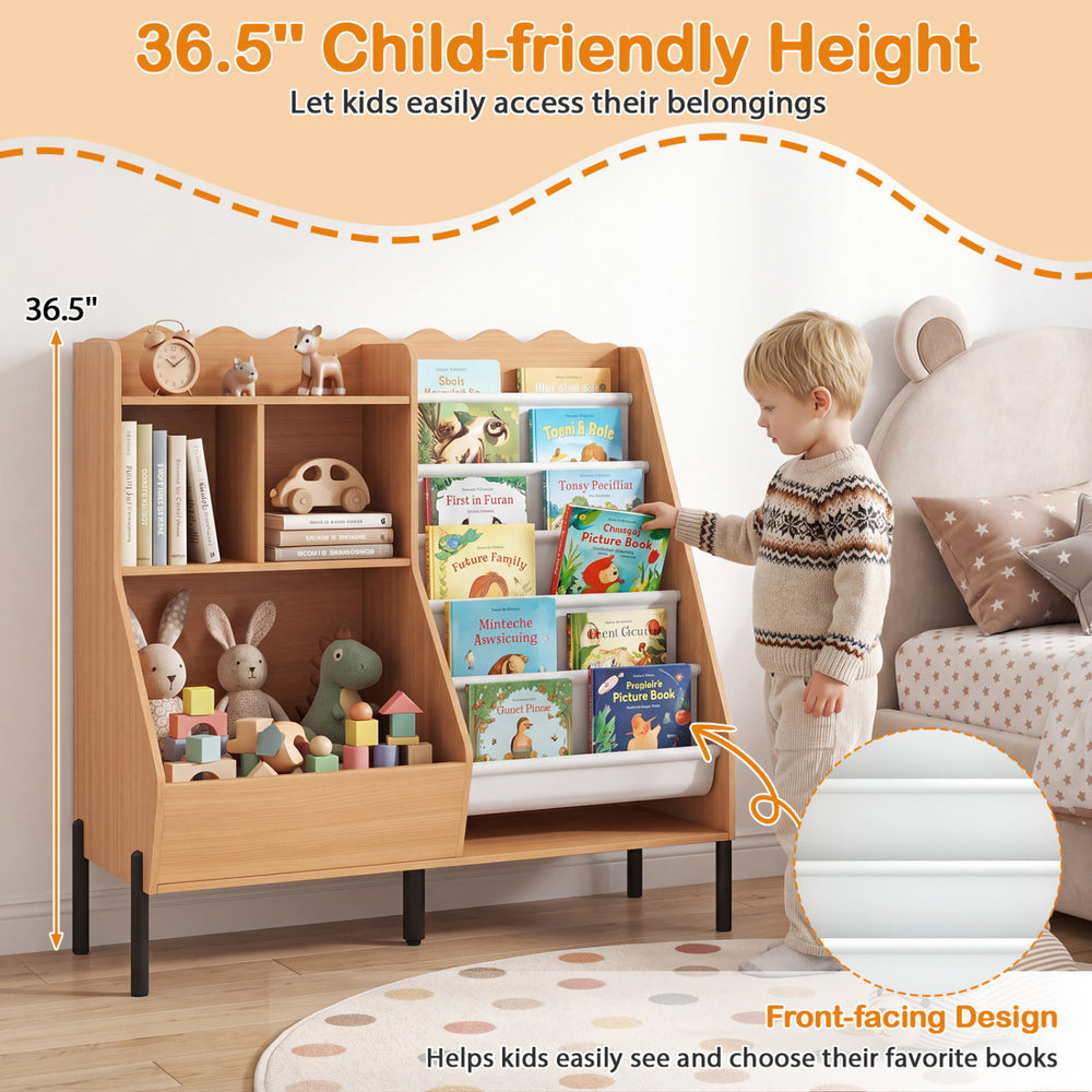 Kids bookshelf and toy storage organizer with 5 fabric pockets, 36.5” height, and front-facing design for easy access.