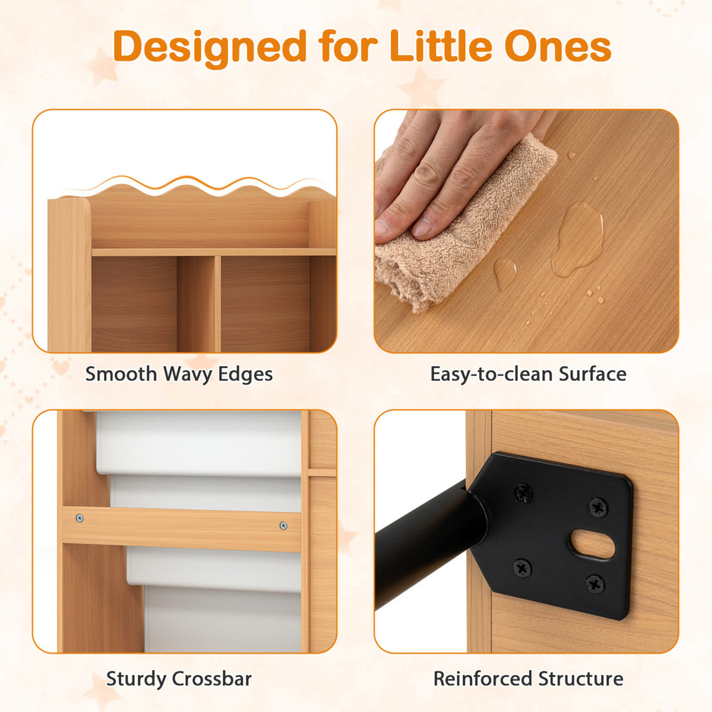 Kids bookshelf with 5 fabric pockets and sturdy crossbar, designed for easy access and organization of children's books and toys.