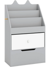Gray kids bookshelf and toy storage organizer with a smooth sliding drawer, side hook, and rounded edges for safety.