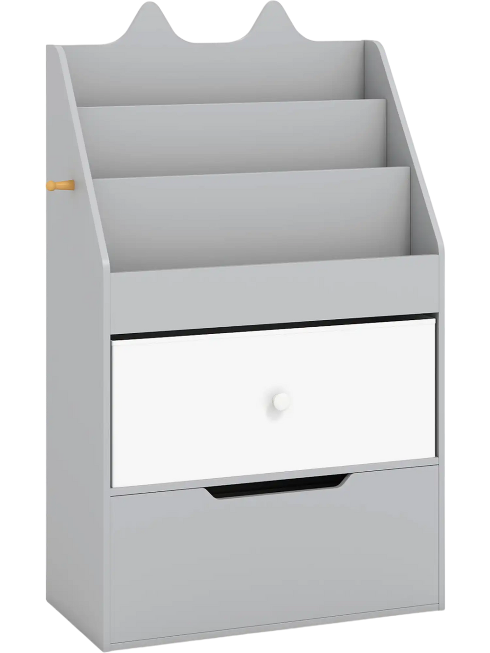 Gray kids bookshelf and toy storage organizer with a smooth sliding drawer, side hook, and rounded edges for safety.