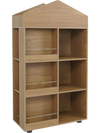 House-shaped kids bookshelf with 4 tiers and 6 cubbies, crafted from natural wood for playroom or bedroom storage.