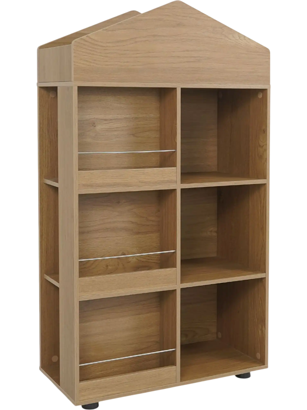 House-shaped kids bookshelf with 4 tiers and 6 cubbies, crafted from natural wood for playroom or bedroom storage.