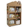 House-shaped kids bookshelf with 4 tiers, 6 cubbies, and protective rails for safe toy and book storage.