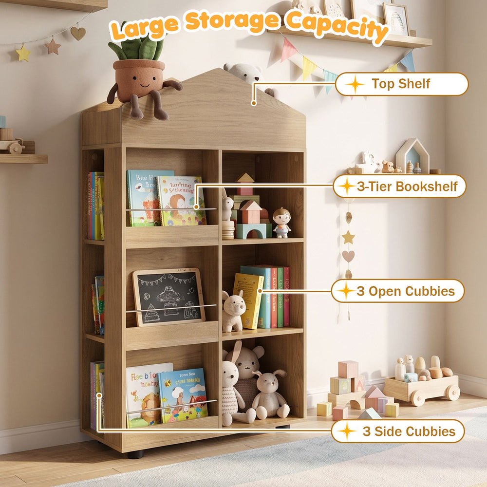 House-shaped kids bookshelf with large storage capacity, featuring a top shelf, 3-tier design, and 6 cubbies for toys and books.