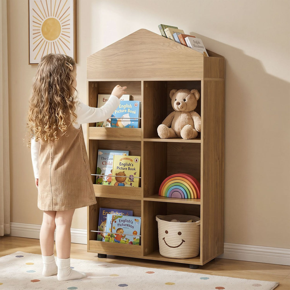 House-shaped kids bookshelf and toy storage organizer with 4 tiers and 6 cubbies, perfect for playrooms or bedrooms.