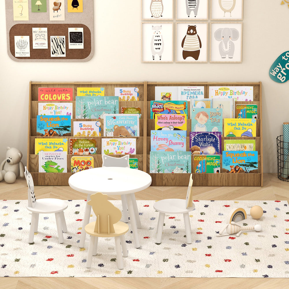 5-tier kids bookshelf in natural wood, featuring deep compartments for oversized books, perfect for playrooms and.