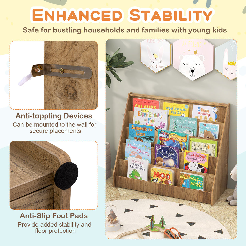 5-tier kids bookshelf in natural finish with deep compartments, anti-toppling devices, and anti-slip foot pads for.