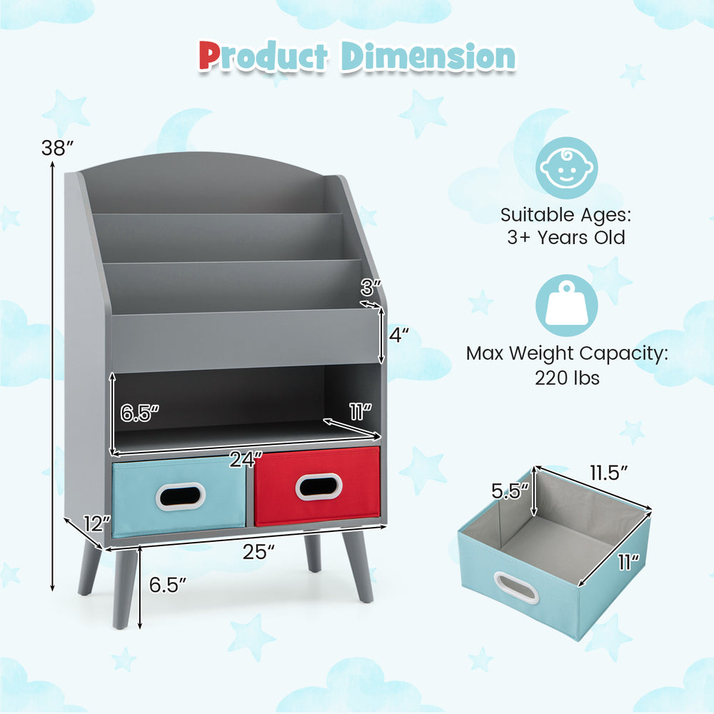 Kids bookshelf in gray with open compartment and two fabric drawers, designed for toddlers aged 3+, ideal for toy.