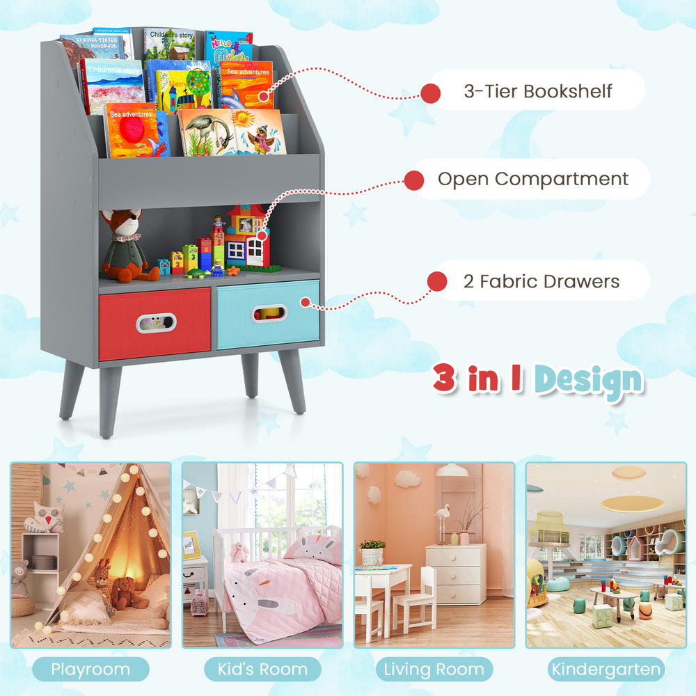 Gray 3-tier kids bookshelf with open compartment and 2 fabric drawers, perfect for organizing toys and books in a.
