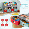 Kids bookshelf with gray finish, featuring open compartments and fabric drawers for organizing books and toys.