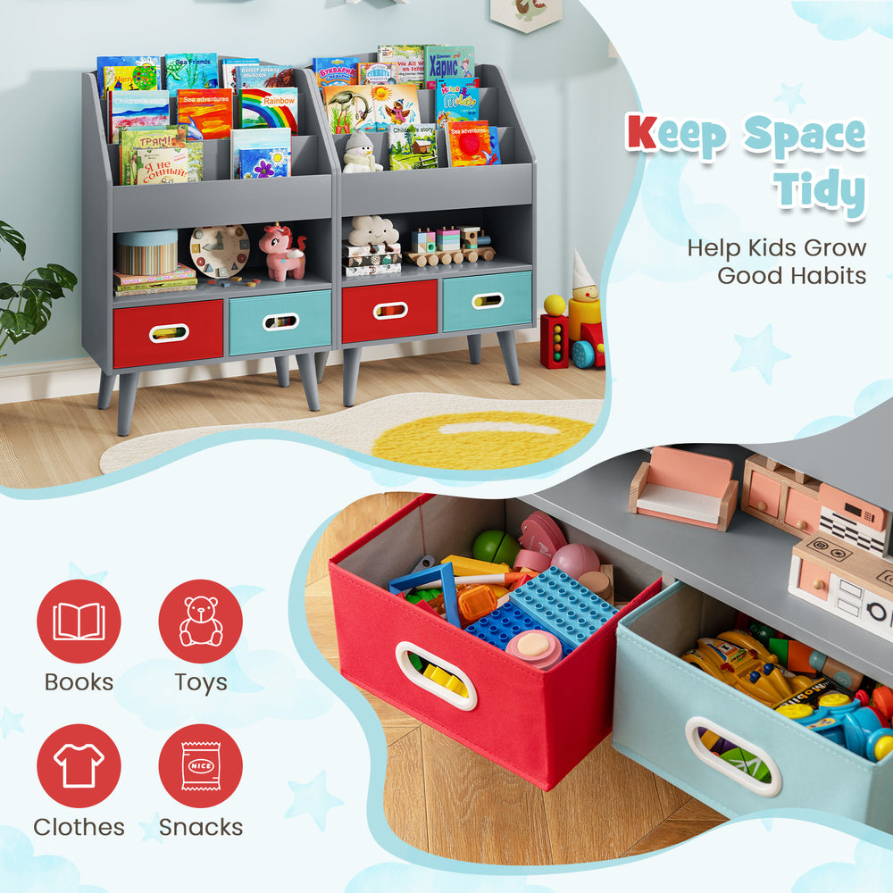 Kids bookshelf with gray finish, featuring open compartments and fabric drawers for organizing books and toys.