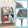 Kids bookshelf in gray with open compartment, 2 fabric drawers, and rounded corners for safe, easy access to books and.