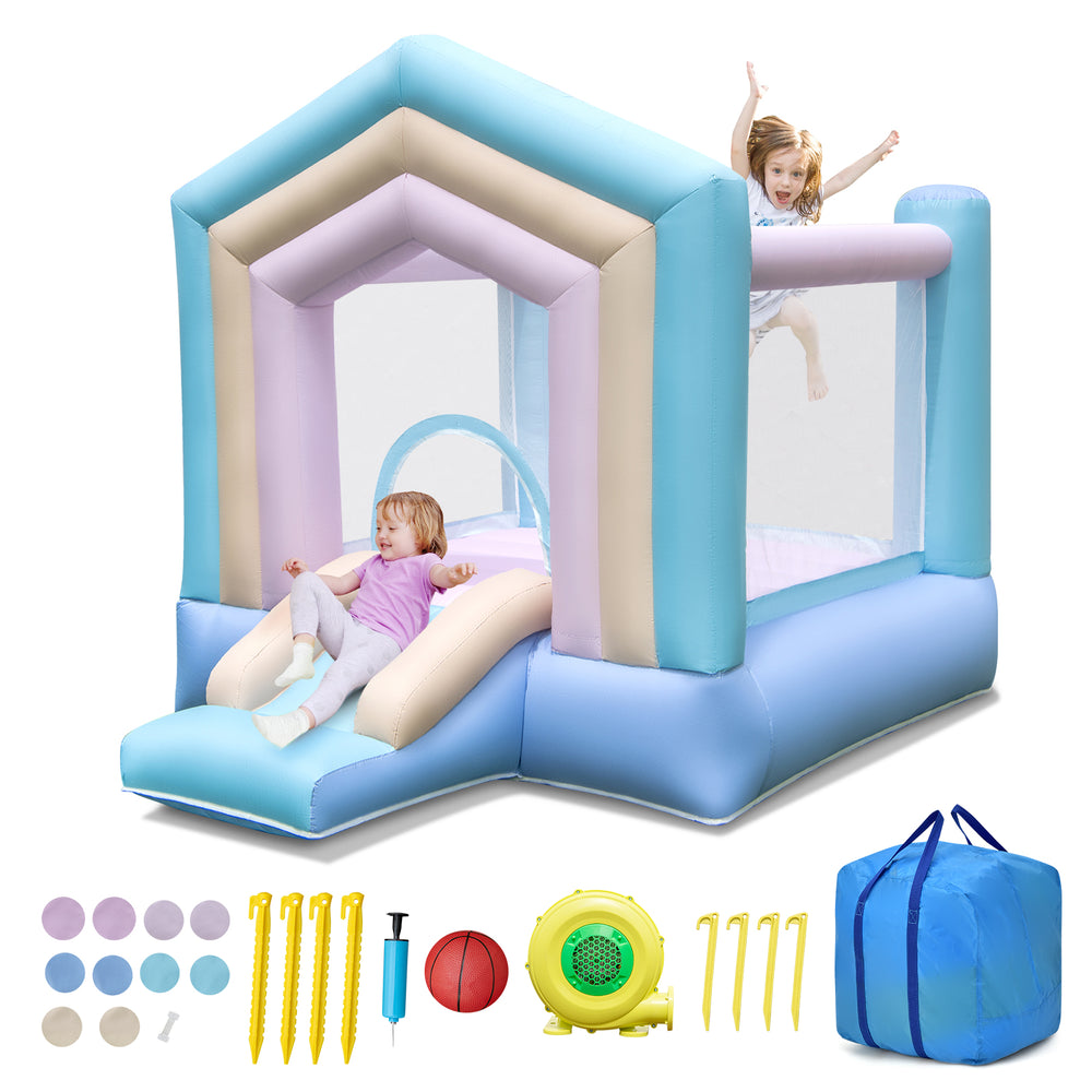 Kids bounce house with slide and basketball rim in pastel colors, made of durable 840D PVC, perfect for energetic.