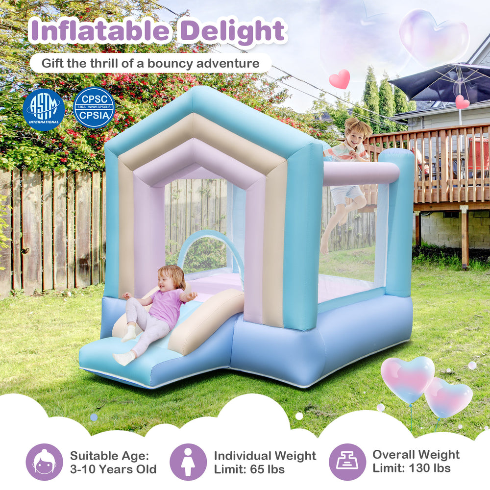 Kids bounce house with slide and basketball rim, made of tear-proof 840D PVC, perfect for outdoor play and parties.