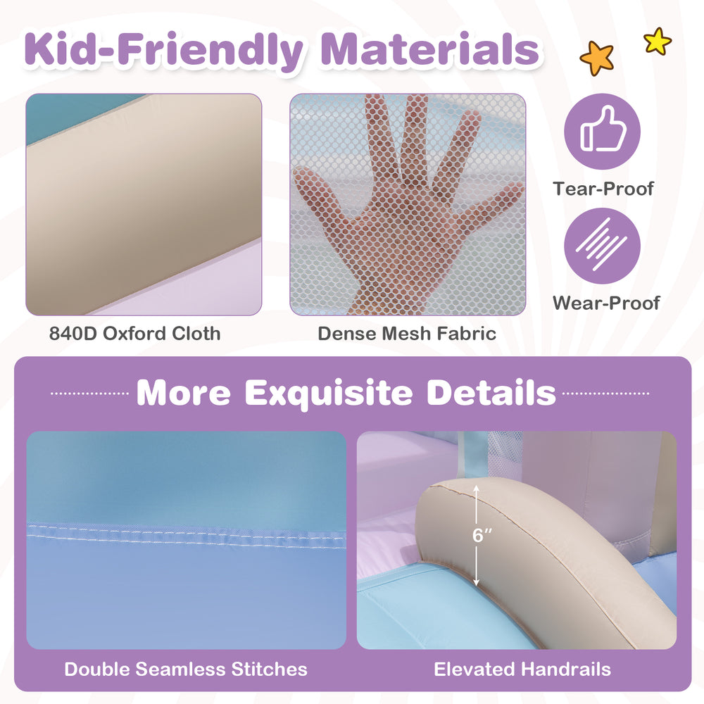 Close-up of the elevated handrails and double seamless stitches on the kids bounce house, made from tear-proof 840D.