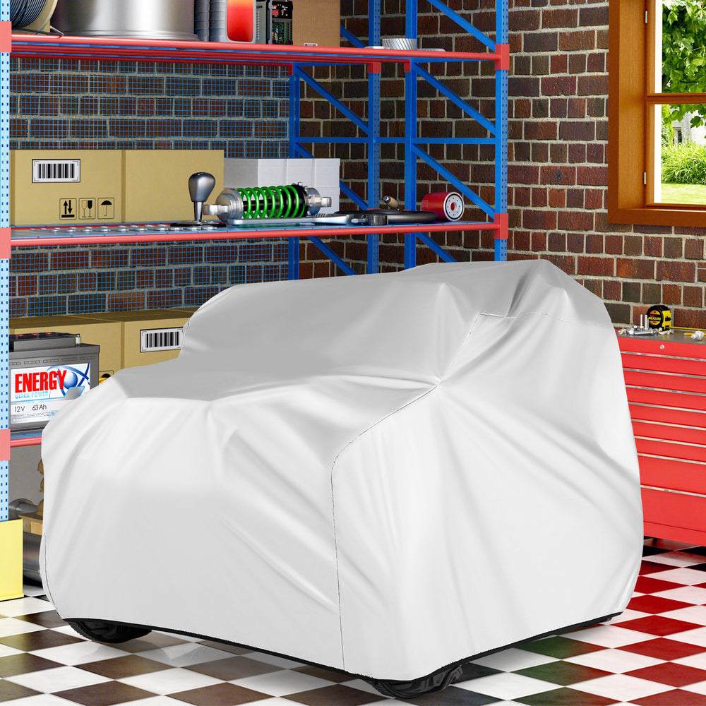 Kids car cover for power ride-on toy car, made of weather-resistant silver coated polyester, with storage bag included.